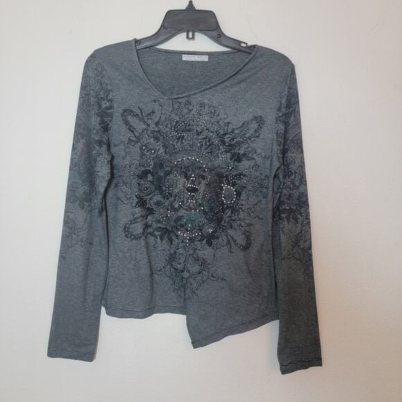 Alberto Makali Stripe Gray Black Long Sleeve Shirt‎ Top Rhinestone Asymmetrical - Picture 1 of 5